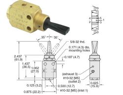 #10-32  4/3-Wege-Sitzventil mit Kunststoff-Hebel, 3 Stellungen
