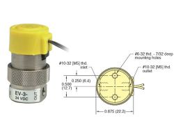 12V, 3/2-Wege Elektromagnetventil, normal geschlossen, Niederdruck / Luftdurchsatz mittel, Inline-Montage, Leitungslitzen, M5, FKM / PFPE